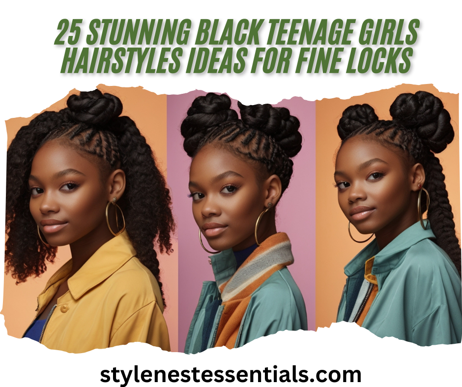 Three black teenage girls showcasing stunning hairstyles, including braided styles, space buns, and natural curls, highlighting ideas for fine locks.