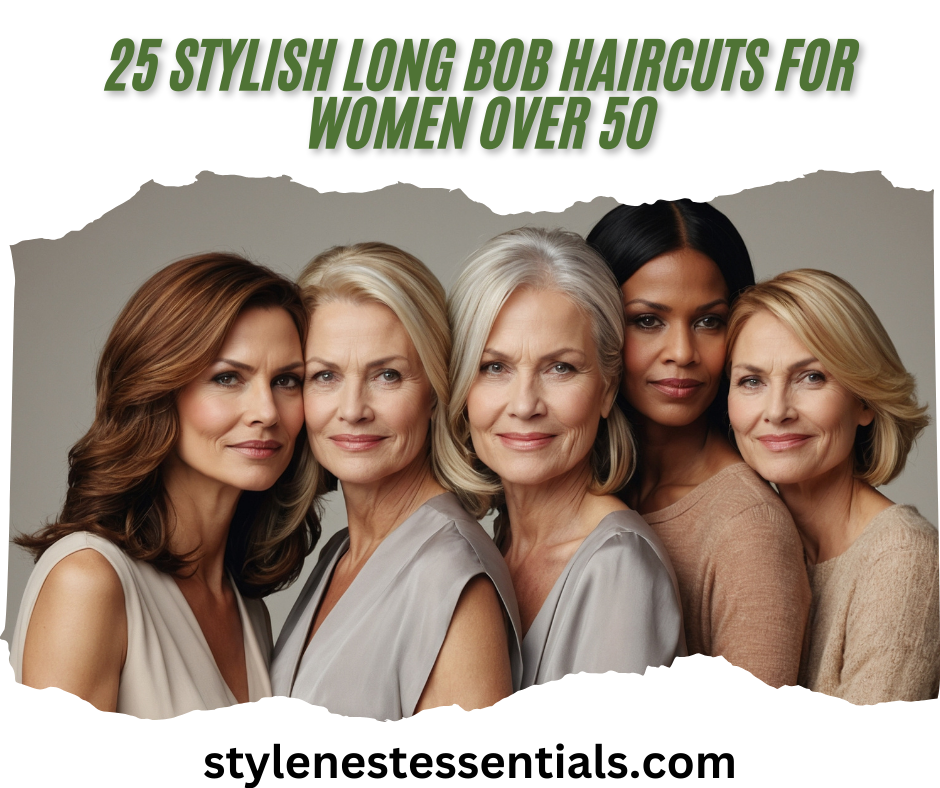 Group of stylish women over 50 showcasing different long bob hairstyles, featuring sleek, wavy, and layered looks, with diverse hair colors including brunette, blonde, gray, and black.