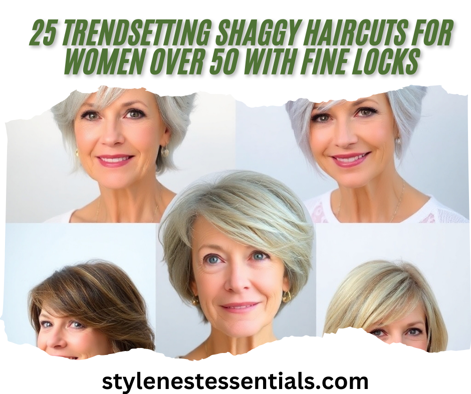 A collage of six different shaggy haircuts for women over 50 with fine hair, featuring various styles and colors. The text at the top reads "25 Trendsetting Shaggy Haircuts for Women Over 50 with Fine Locks." The bottom of the image shows the website "stylenessentials.com."