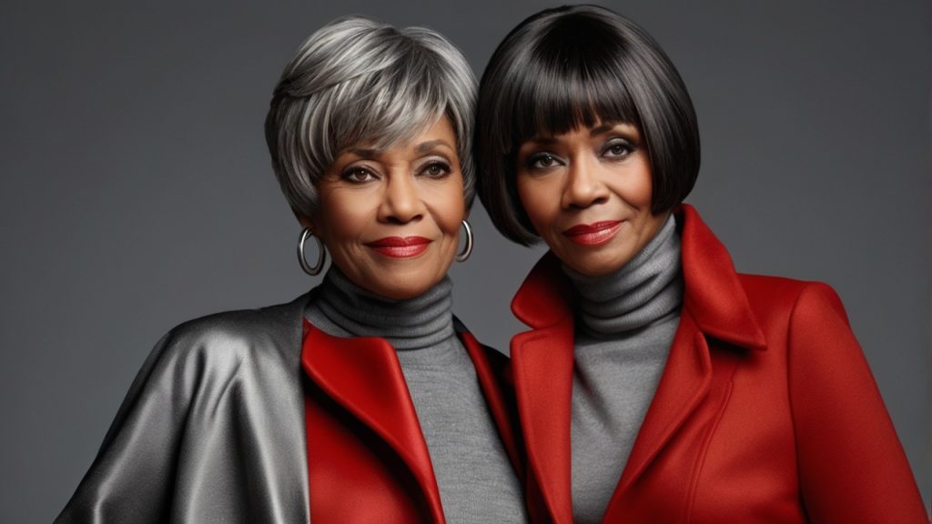 Two individuals standing side by side, wearing grey turtleneck sweaters and red coats. One has short, grey hair and hoop earrings, while the other has short, dark hair. Their faces are blurred.