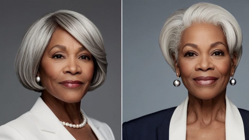 Two individuals with gray hair in elegant, short haircuts.