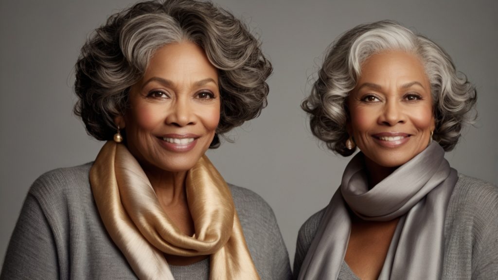 Two individuals with gray, curly hair. Their faces are blurred. Both are wearing gray tops and scarves; the individual on the left has a golden scarf, while the individual on the right has a silver scarf. They are also wearing pearl earrings. The background is plain and gray.