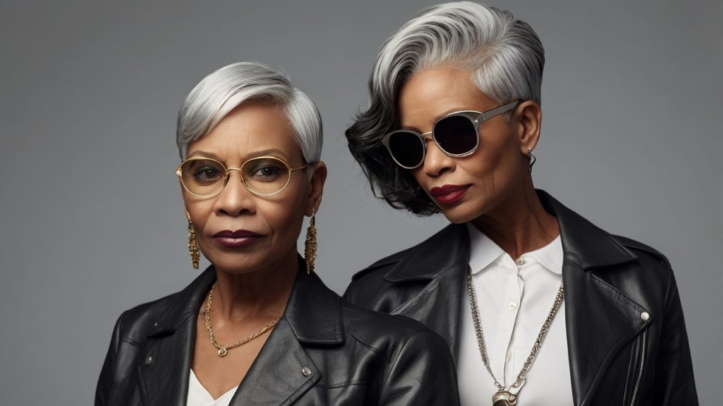 Two individuals with short, stylishly cut gray hair wearing black leather jackets over white tops. One has a gold chain necklace and gold earrings, while the other has a long silver necklace. The background is plain and gray.