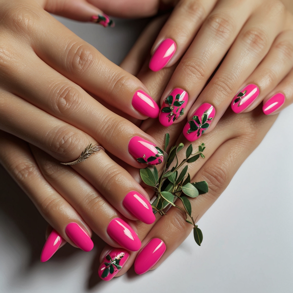 Bright Pink and Green Mistletoe Nails