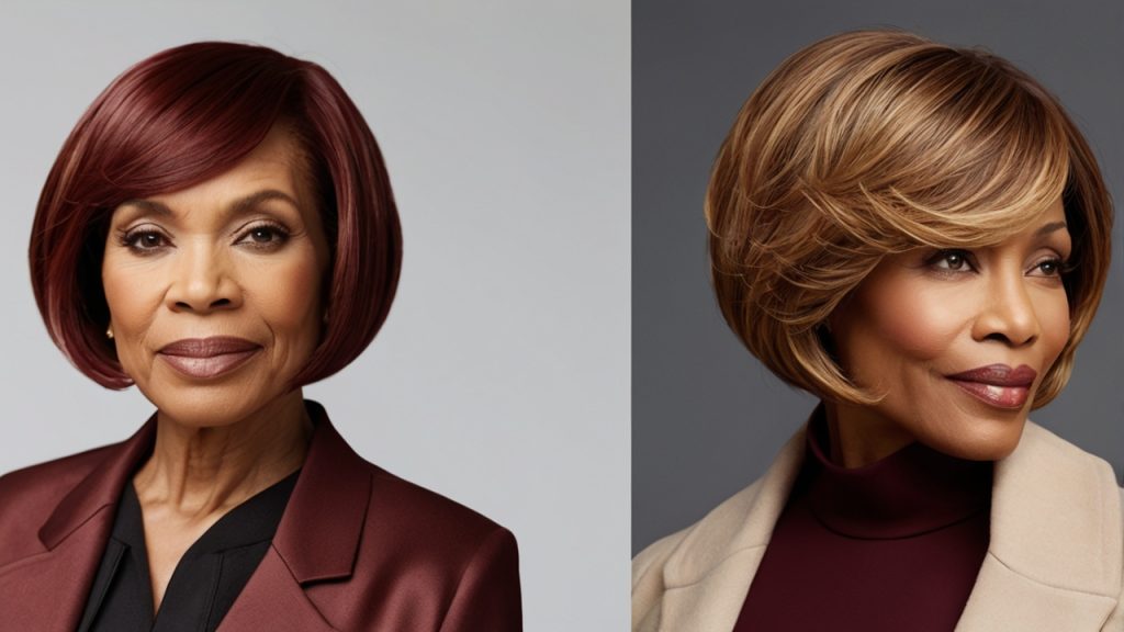 Two individuals with their faces blurred. The person on the left has a sleek, straight bob haircut with a deep burgundy color, wearing a maroon blazer over a black top. The person on the right has a layered bob haircut with a light brown or blonde color, wearing a beige coat over a maroon turtleneck.