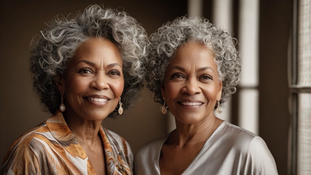 Two individuals with curly gray hair. Their faces are blurred. One individual is wearing a patterned shirt with shades of brown and orange, while the other is wearing a light-colored top. The background appears to be indoors with soft lighting coming from the right side of the image.