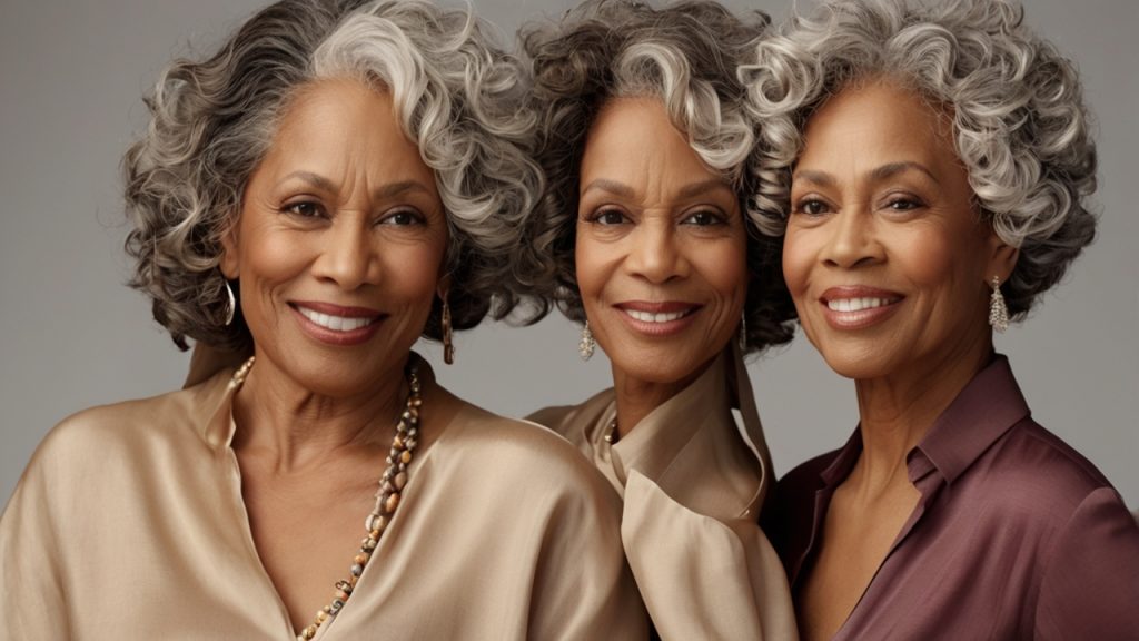 Three individuals with curly, gray hair. Their faces are blurred out.