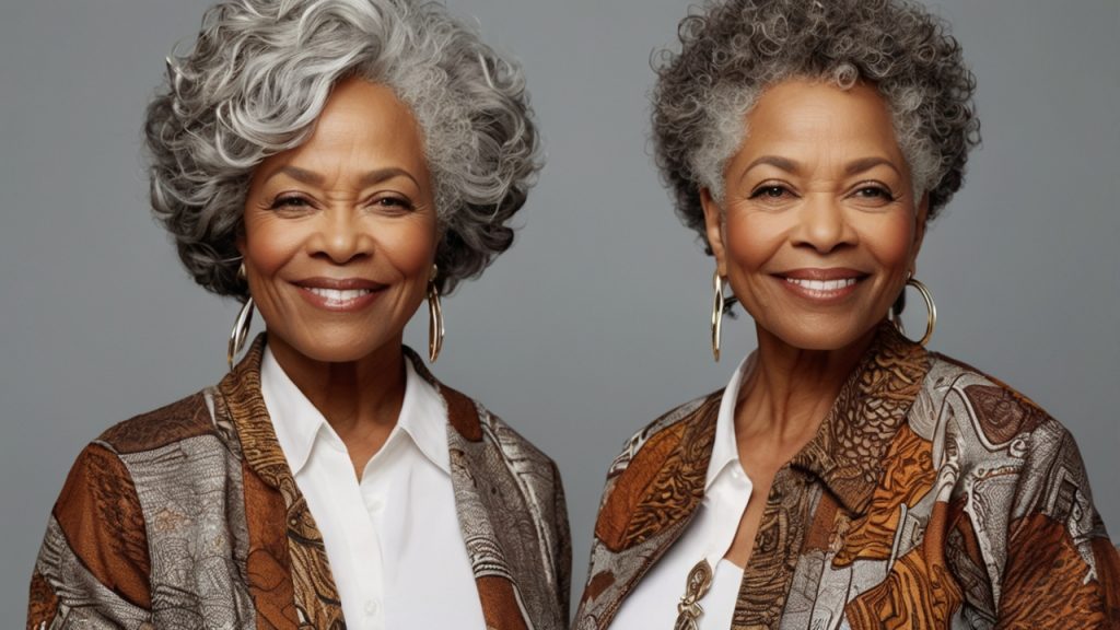 Two individuals with gray curly hair wearing patterned jackets over white shirts. The jackets have a detailed design with shades of brown, orange, and white. Both individuals are also wearing large hoop earrings. The background is a plain gray color.