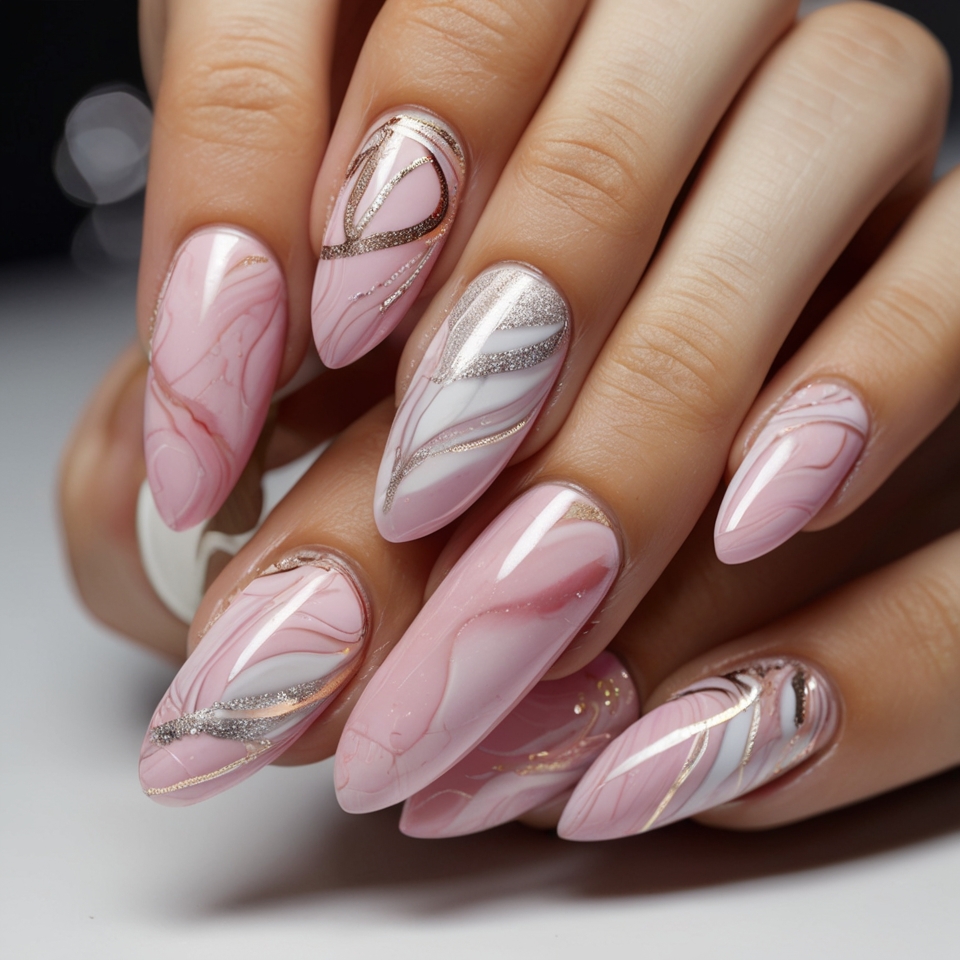 Pink Marble Christmas Nails