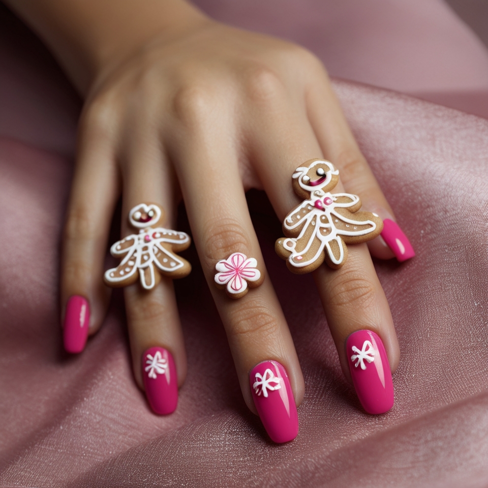 Pink and White Gingerbread Man Nails