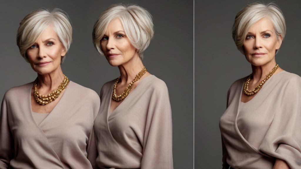 Two side-by-side photographs of a person with short, white hair wearing a light-colored, long-sleeved top with a V-neck and a layered gold necklace. The person's face is blurred in both images.