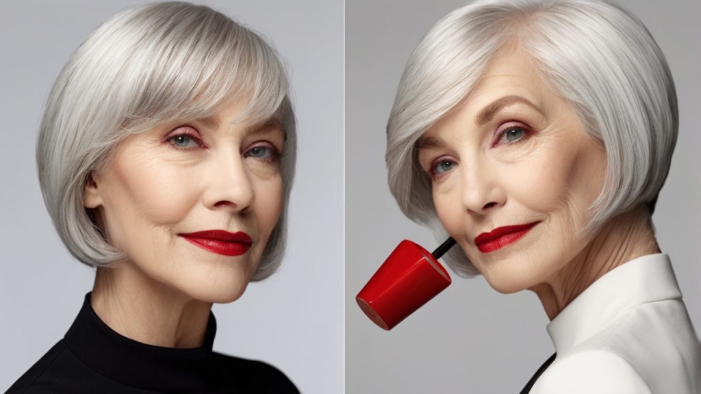 Two side-by-side photographs of a person with short, silver hair styled in a sleek bob cut. The person is wearing a black high-neck top in the left image and a white high-neck top in the right image. In the right image, there is a red object, possibly a lipstick, near the person's face.