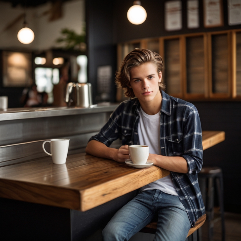 Person sitting at a wooden counter in a café, holding a white coffee cup, dressed in a blue plaid shirt over a white t-shirt and jeans.