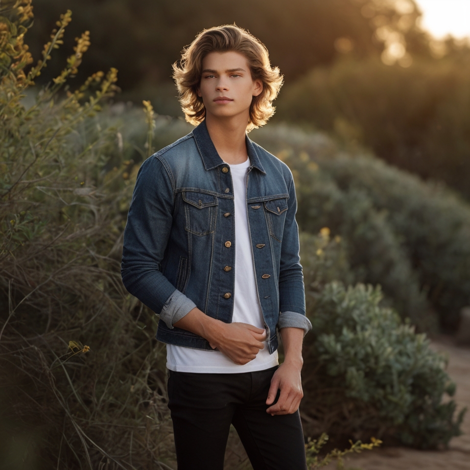 Person standing outdoors in a natural setting, wearing a blue denim jacket over a white t-shirt and black pants.