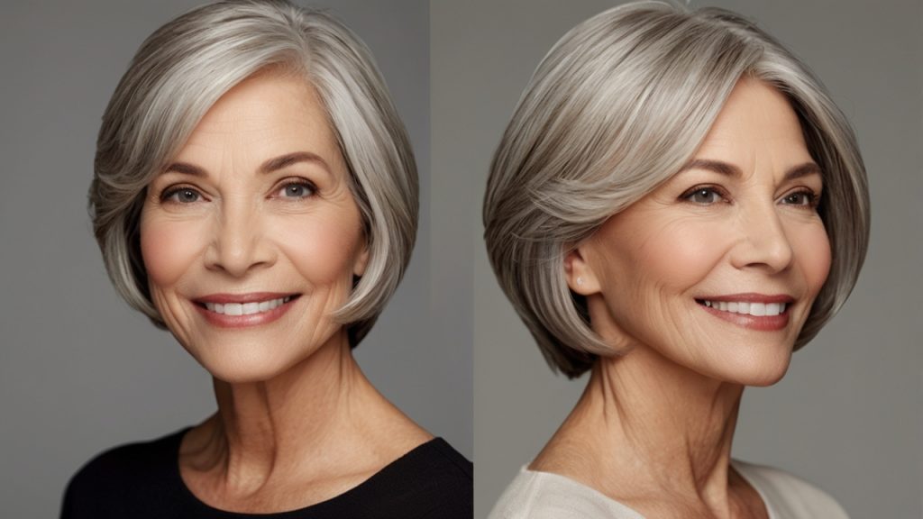 Two stylish gray bob hairstyles, one shorter with subtle layers and the other longer with pronounced layers, showcasing modern and elegant looks.