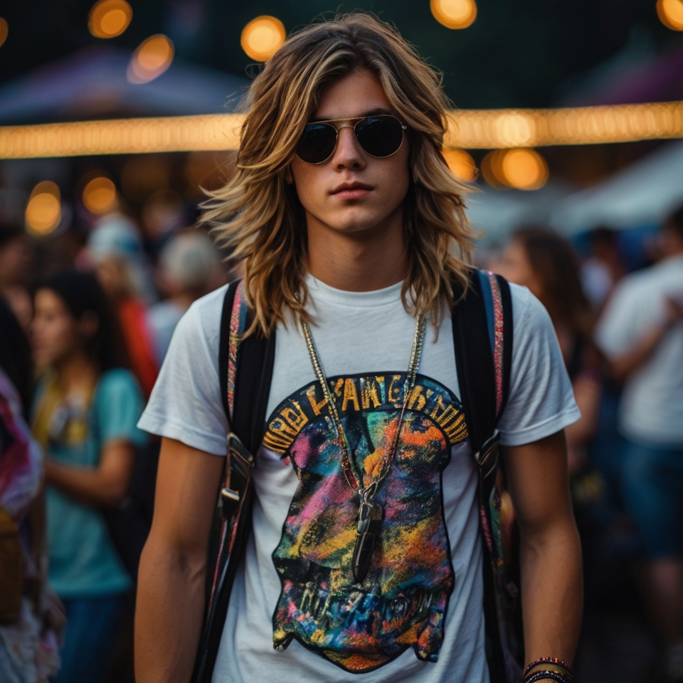 Person with long, wavy hair wearing a white T-shirt with a colorful graphic design of a skull and the text "GRATEFUL DEAD."