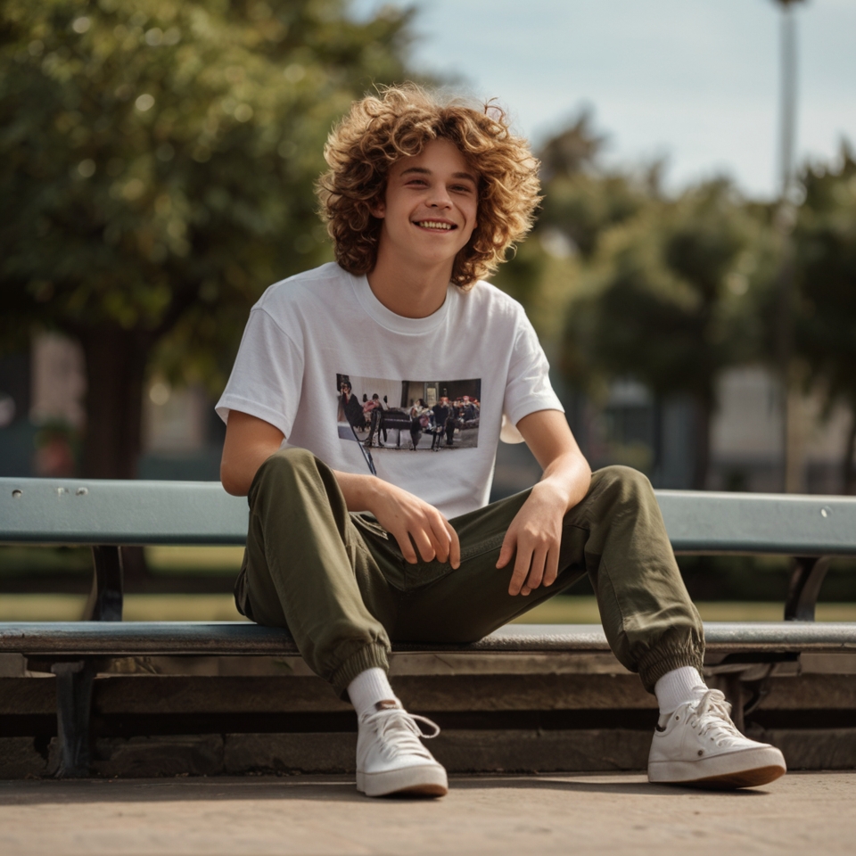 Person sitting on a bench outdoors, wearing a white T-shirt with a printed image, green pants, white socks, and white sneakers.