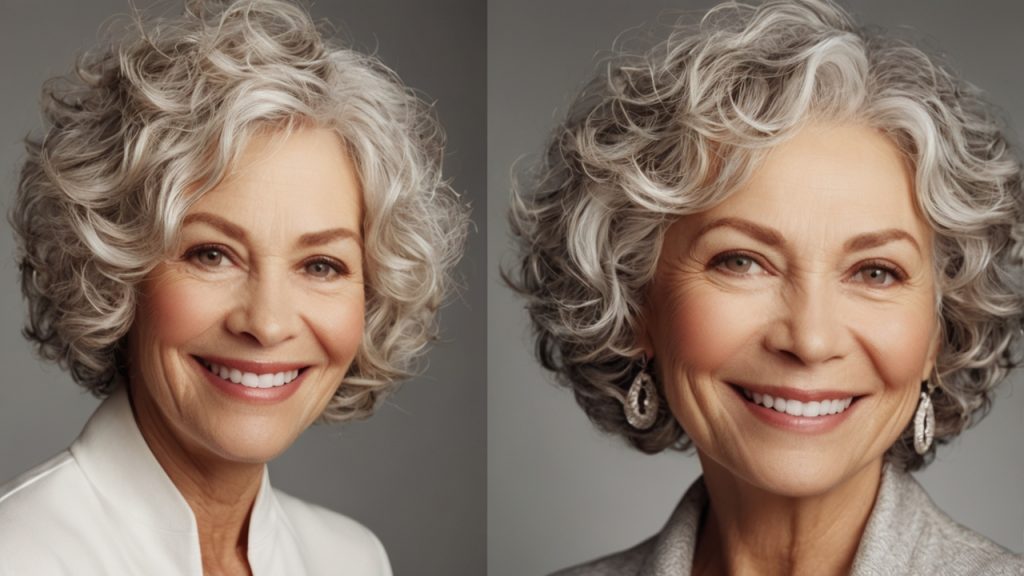 Two side-by-side photographs of a person with short, curly, gray hair. The faces are blurred, focusing on the hairstyles. The person on the left wears a light-colored top, while the person on the right wears a gray top and dangling earrings.