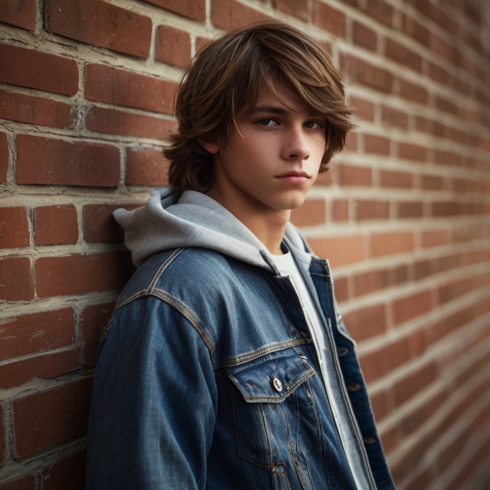 Person leaning against a brick wall, wearing a denim jacket over a gray hoodie.