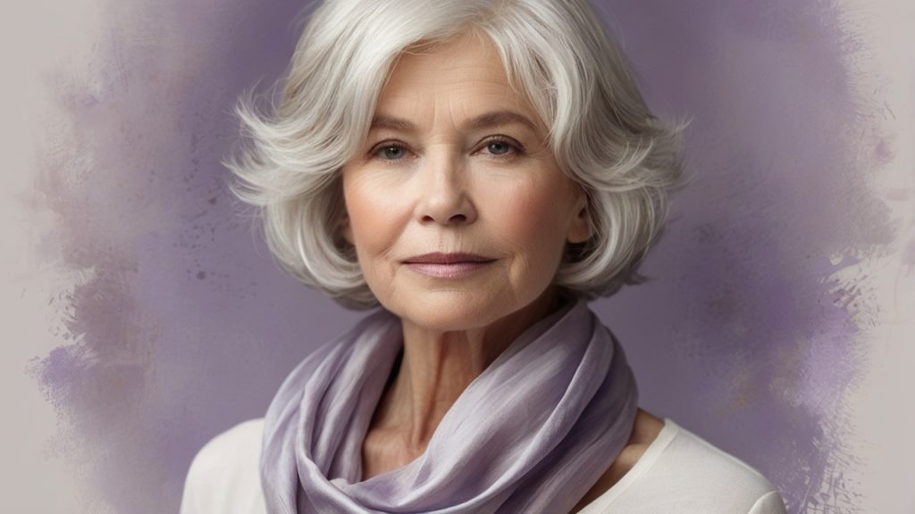 A person with short, wavy, white hair wearing a light purple scarf and a white top. The background is a soft mix of purple and beige tones.