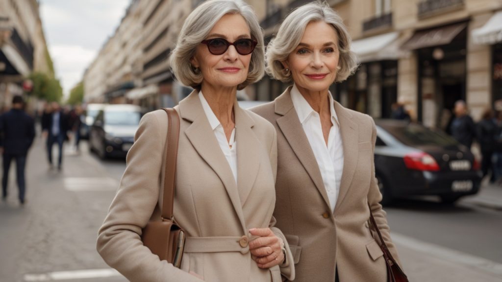 Two individuals walking down a busy city street, both wearing beige coats over white shirts and carrying brown handbags.