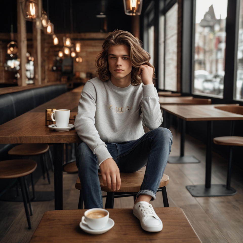 Person sitting in a modern café, wearing a light gray sweatshirt, dark blue jeans, and white sneakers.