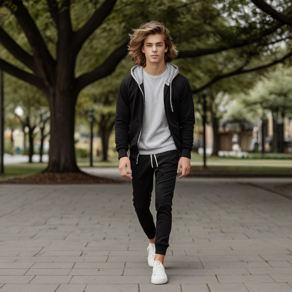 Person walking outdoors on a paved pathway surrounded by trees, wearing a black zip-up hoodie, light gray t-shirt, black jogger pants, and white sneakers.