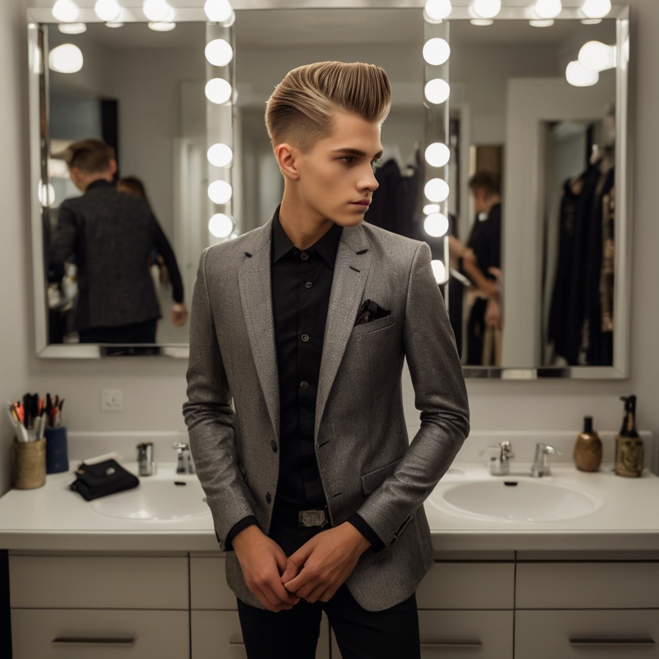 Person standing in front of a bathroom vanity with a large mirror surrounded by lights, wearing a grey blazer over a black shirt.