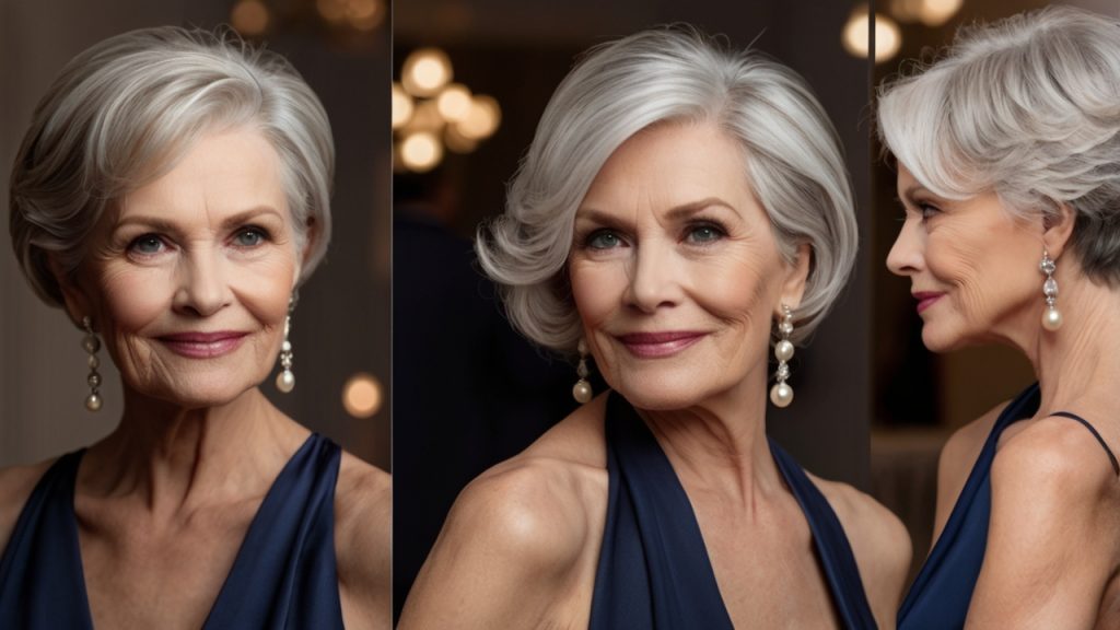 Three views of a person with short, silver hair styled in soft waves, wearing a dark blue, sleeveless dress with a deep neckline and long, dangling earrings with pearl-like elements.