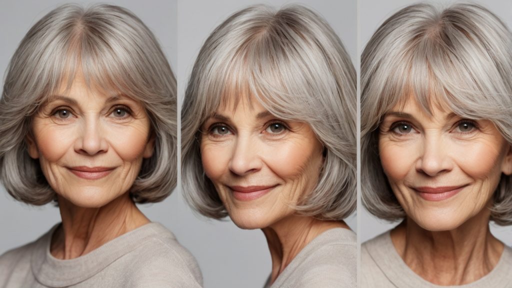 Three side-by-side views of a person with short, gray hair styled in a bob cut, wearing a light-colored top.