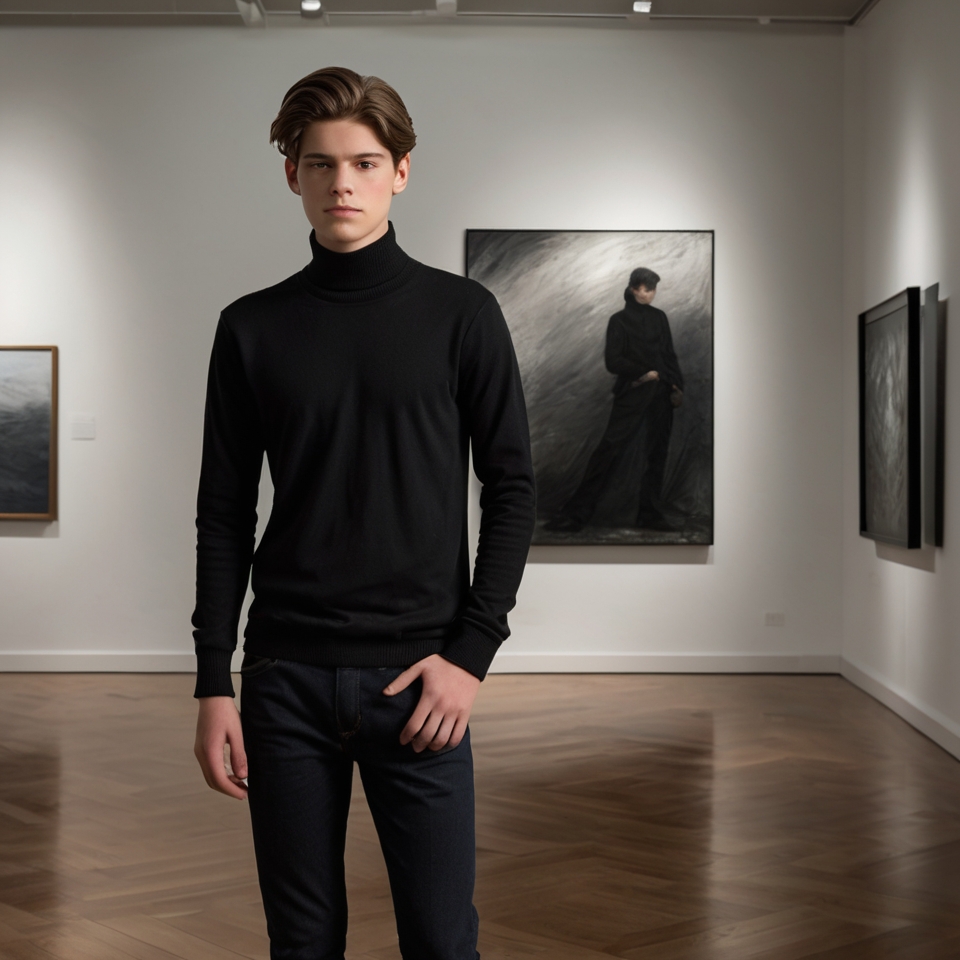 Person standing in an art gallery wearing a black turtleneck sweater and dark pants, with a blurred face.