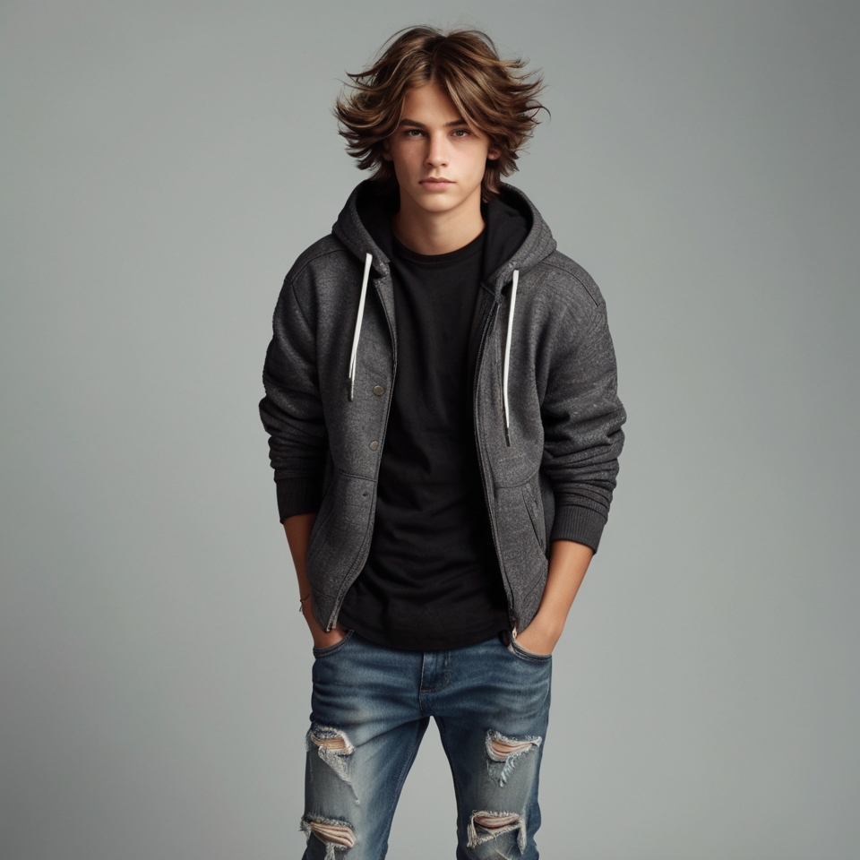 Person wearing a gray hoodie, black t-shirt, and ripped jeans.