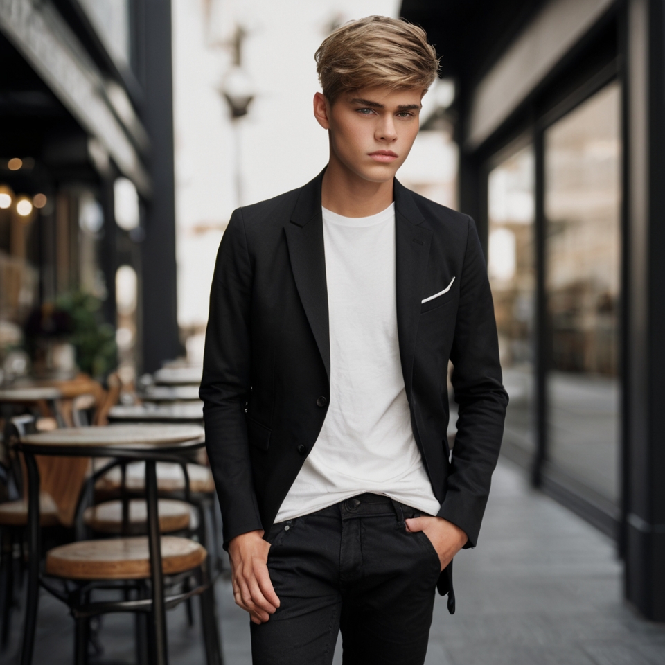 Person standing outdoors in an urban setting, wearing a black blazer over a white t-shirt and black pants.