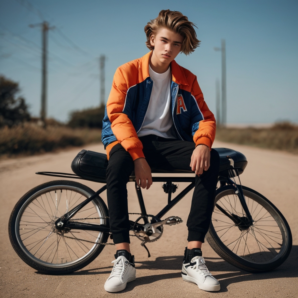 Person sitting on a bicycle on a dirt road, wearing a blue and orange jacket with a letter "A," a white t-shirt, black pants, and white sneakers.