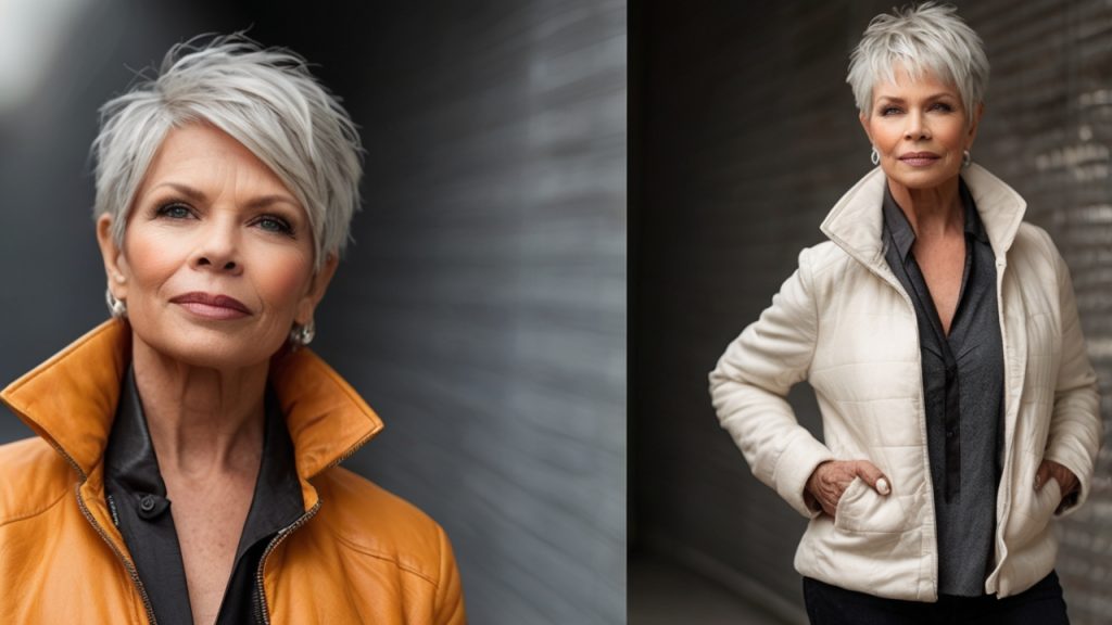 Two photographs of a person with short, white hair. The faces are blurred. In the left photo, the person wears an orange jacket with the collar turned up and a dark shirt. In the right photo, the person wears a light-colored jacket with the collar turned up and a dark shirt, with hands in the pockets.