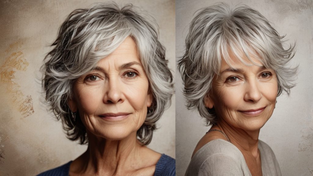 Two side-by-side portraits of a person with short, layered, gray hair styled in a voluminous, tousled manner with soft waves. The background is a neutral, textured wall.