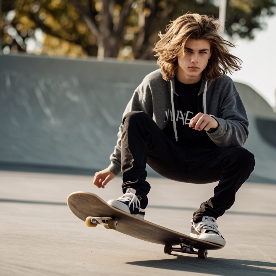 Person skateboarding at a skate park, wearing a gray hoodie, black pants, and white sneakers.