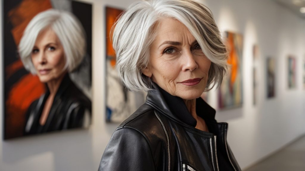 A person with short, white hair wearing a black leather jacket. The person's face is blurred. In the background, there are several pieces of colorful and abstract artwork displayed on a wall, suggesting an art gallery or exhibition setting.