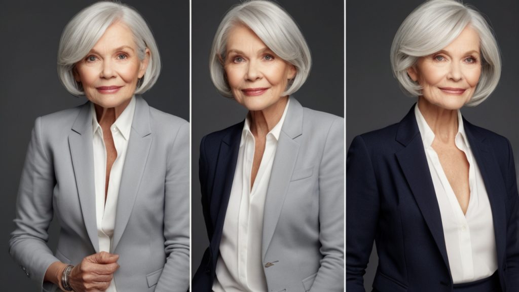 Three side-by-side portraits of a person with short, white hair. The faces are blurred. The person is wearing a white shirt and a blazer in each portrait. The blazers are different colors: light gray in the first and second portraits, and dark blue in the third portrait.