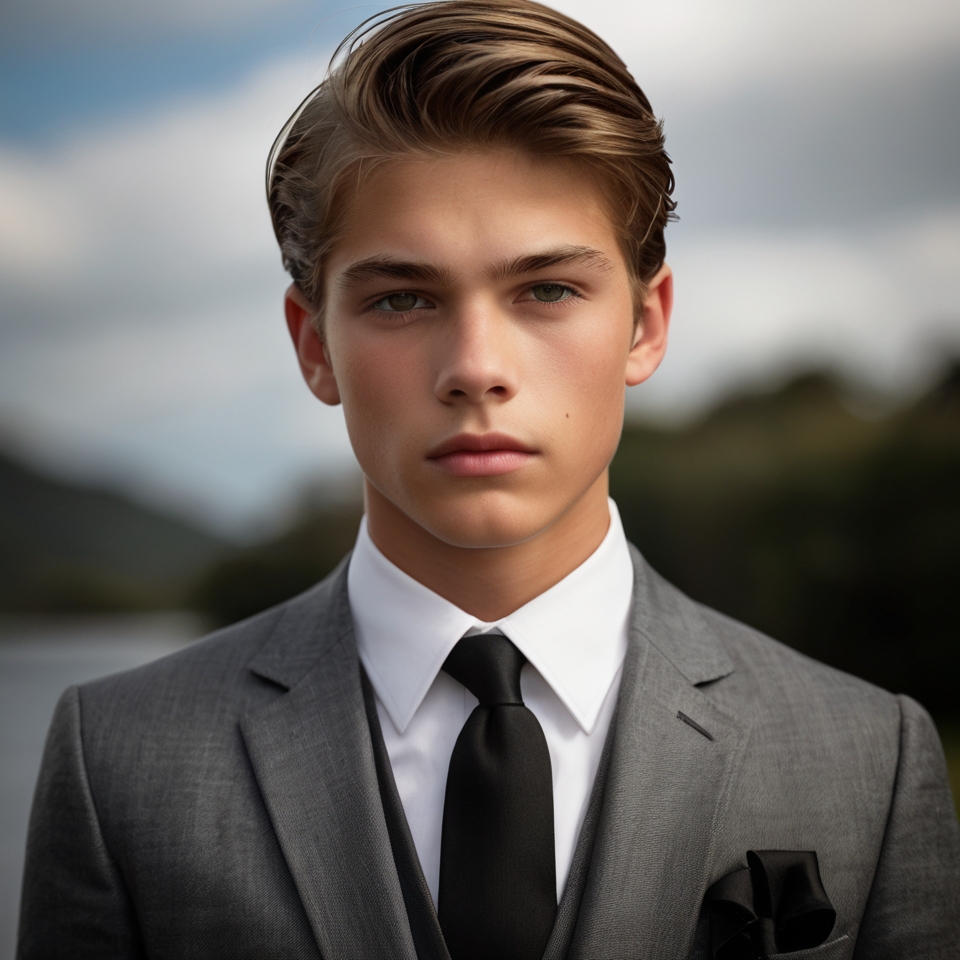 Person wearing a formal outfit consisting of a grey suit jacket, white dress shirt, black tie, and black pocket square.