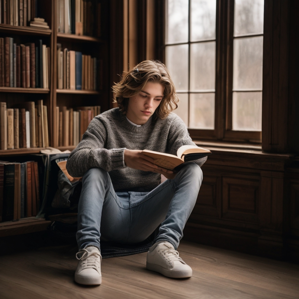 Person sitting on the floor in front of a bookshelf, reading a book.