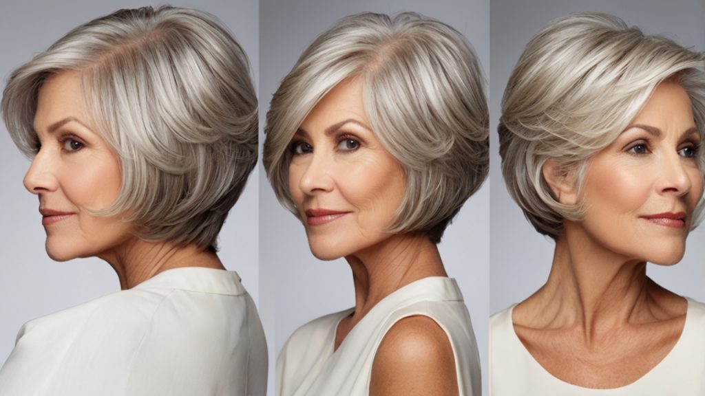 Three different views of a short, layered hairstyle with gray and white hair. The hairstyle is neatly styled with volume at the crown and soft waves. The person is wearing a white sleeveless top.