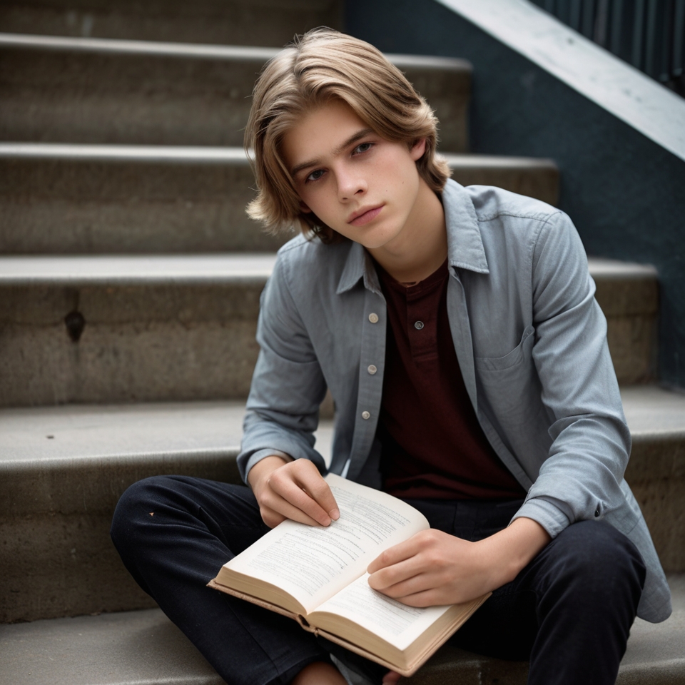 Person sitting on concrete stairs, holding an open book, wearing a light blue button-up shirt over a dark shirt and dark pants.