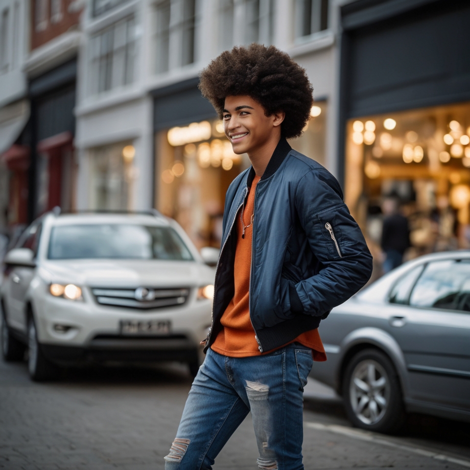 Person walking on a city street wearing a blue bomber jacket, orange sweater, and ripped blue jeans.