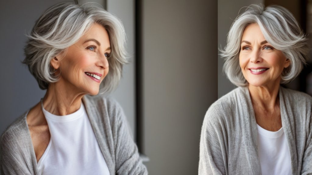 Two images of a person with short, gray hair wearing a white shirt and a light gray cardigan. The person's face is blurred in both images.