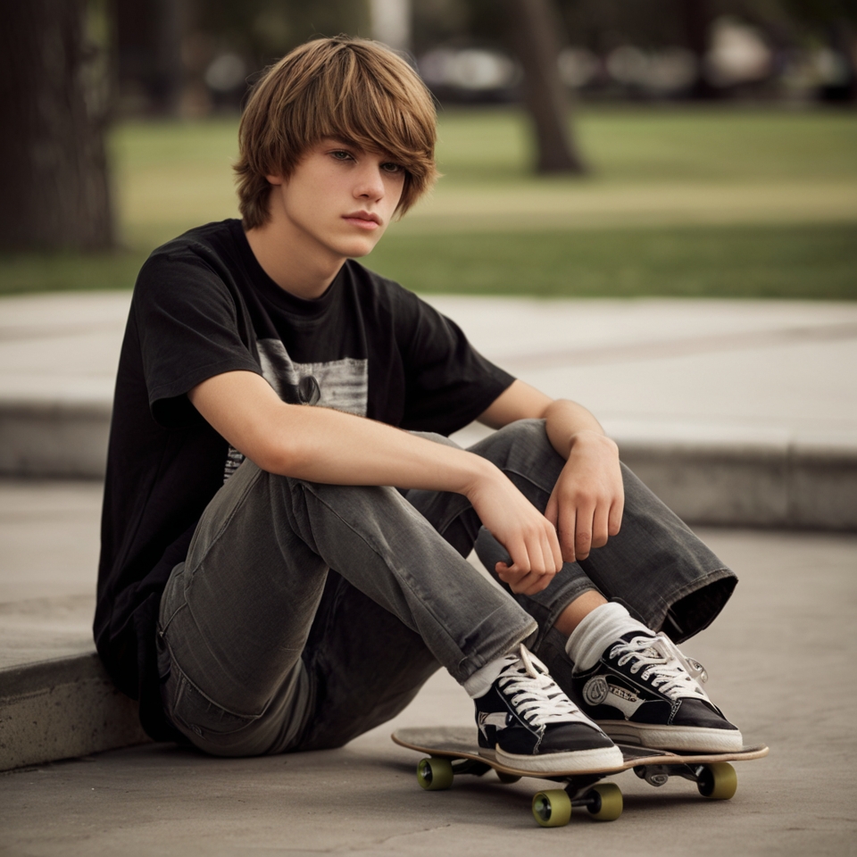 Person sitting on the ground with a skateboard, wearing a black t-shirt, gray jeans, white socks, and black and white sneakers.