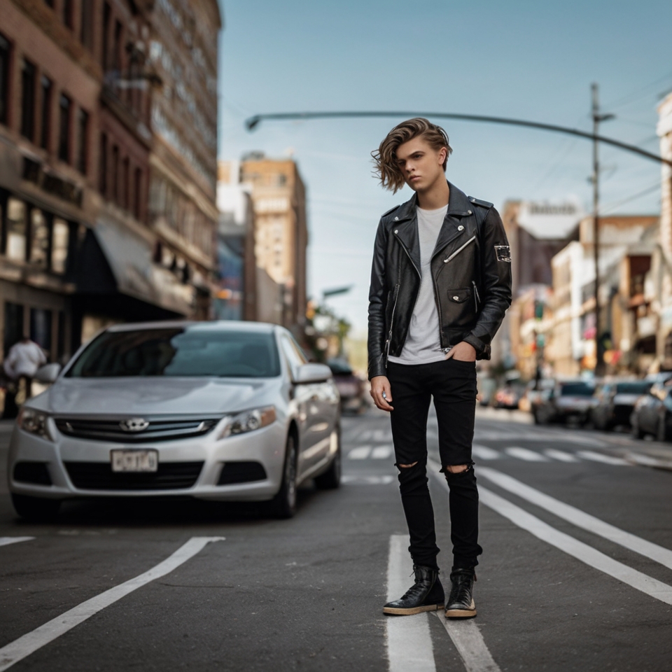 Person standing in the middle of a city street, wearing a black leather jacket, white t-shirt, black ripped jeans, and black shoes.