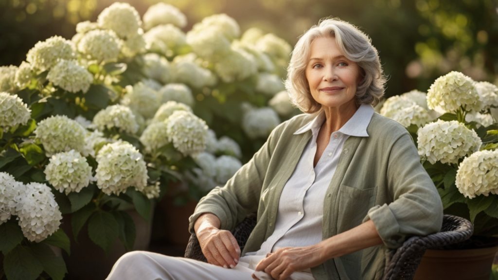 A person sitting in a garden surrounded by large white hydrangea flowers, wearing a light-colored shirt with a green cardigan.