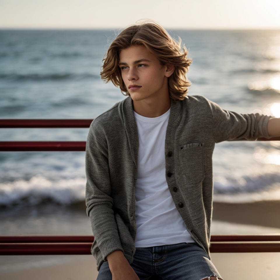 Person sitting on a railing by the ocean, wearing a gray cardigan over a white t-shirt and denim shorts.