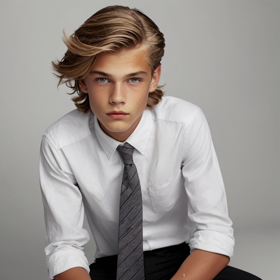 Person wearing a white dress shirt with rolled-up sleeves and a gray patterned tie, with a blurred face.